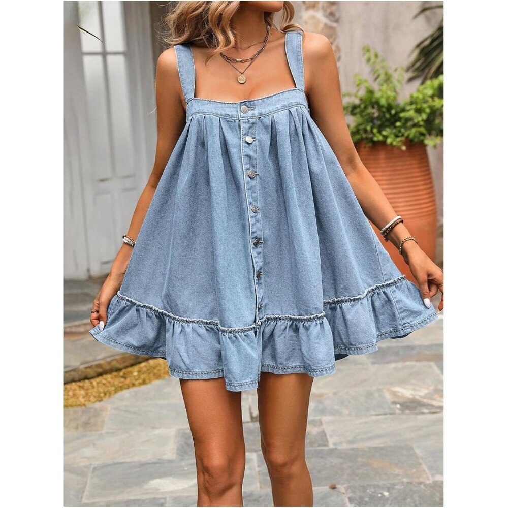 Women's Denim Mini Dress Sleeveless Button Ruffle Square Neck Casual - Picture 4 of 6